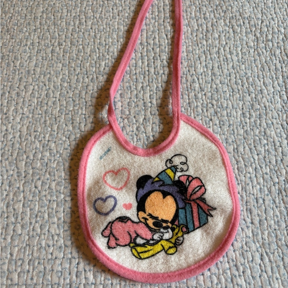 Disney Vintage Pink and White Bib with Cartoon Character